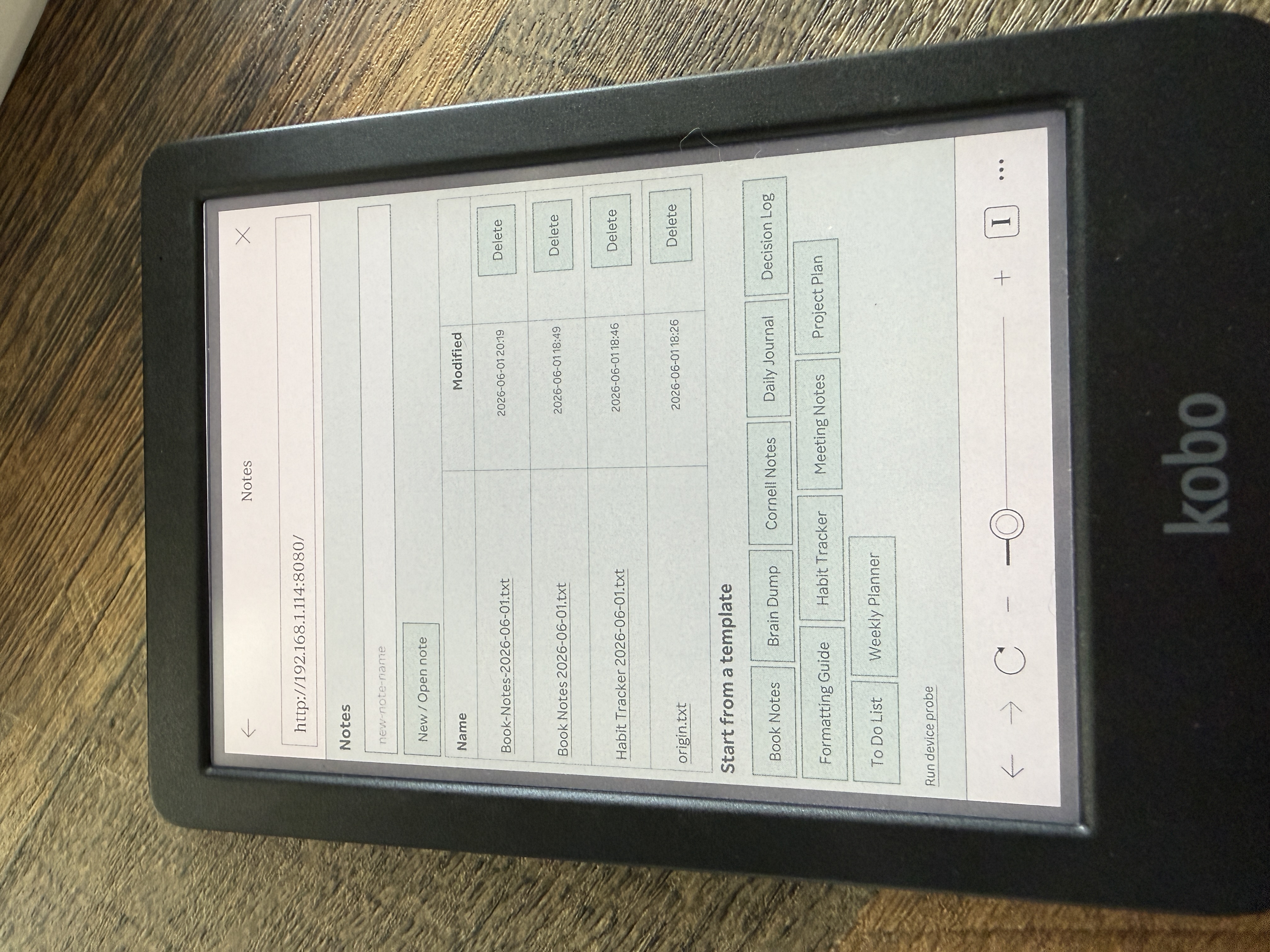 The Kobo home screen — an e-ink display that's readable in full sunlight with almost no power draw