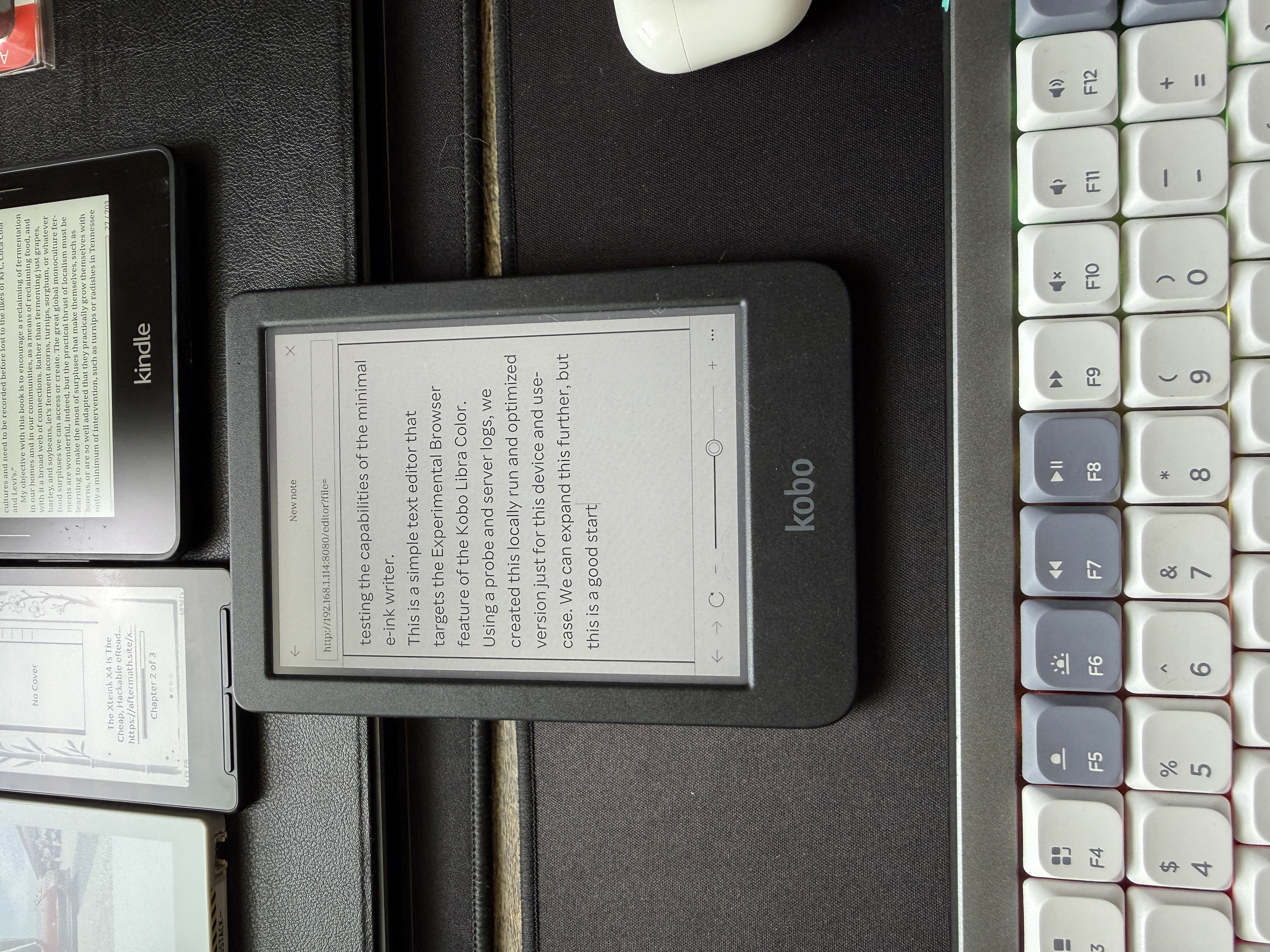 The editor running in the Kobo's experimental browser — plain text, no dependencies, served from a local Node server